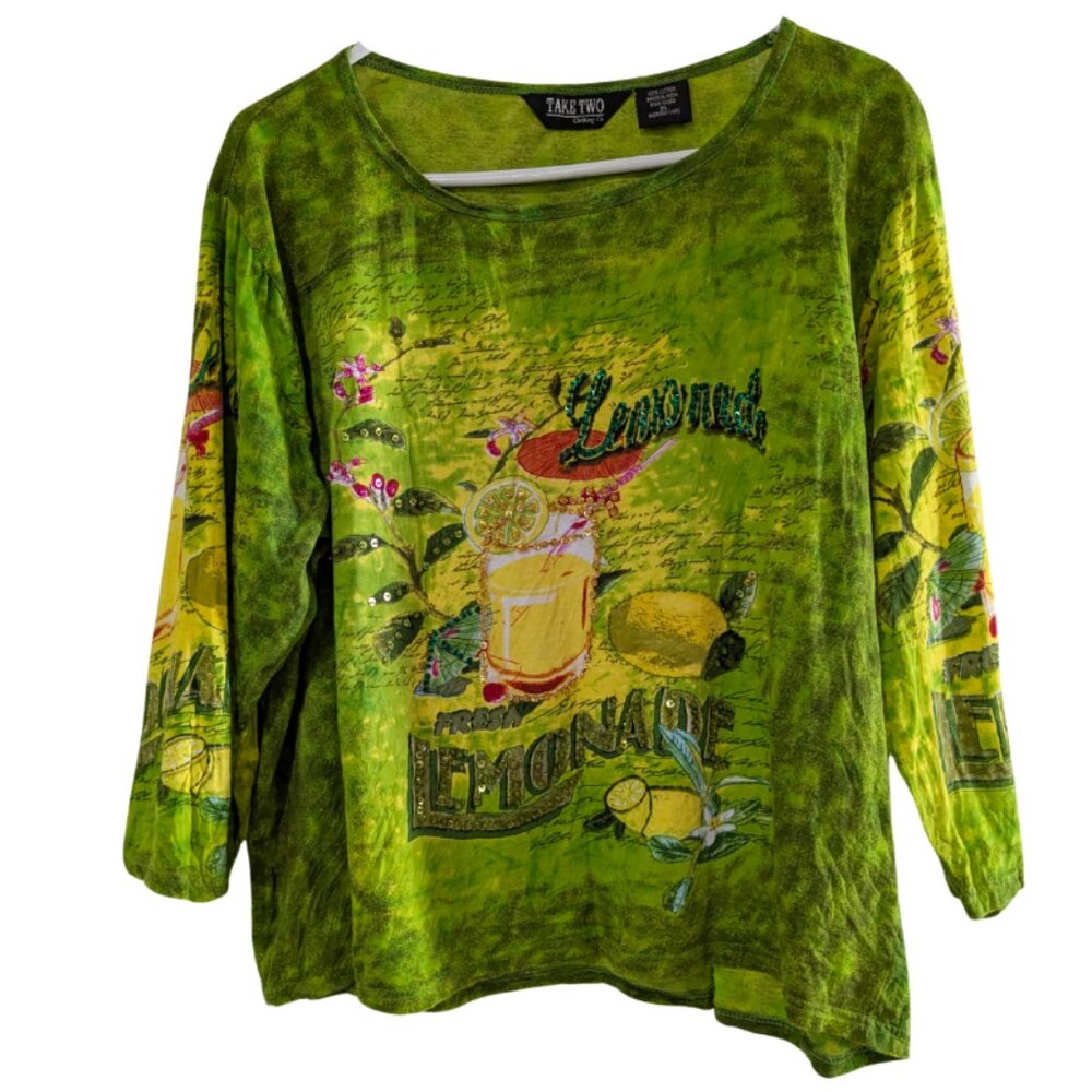 Take Two Women's V-Neck 3/4 Sleeve Lemonade Green Yellow Top XL Cotton Sequins